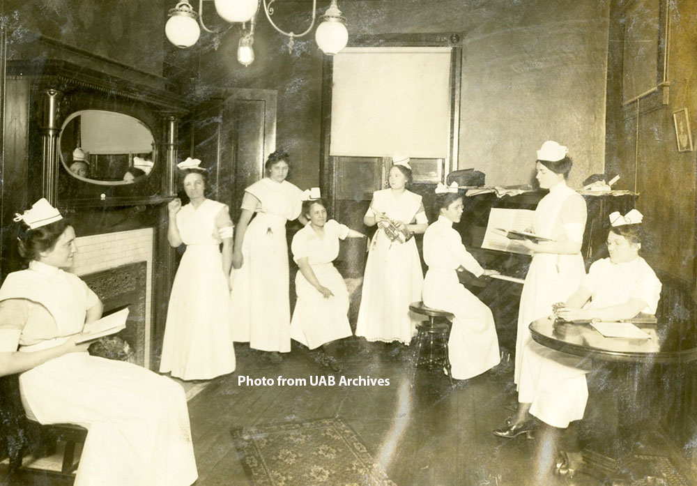 Nursing students enjoy some off time in Hillman Hospital’s nursing residence, circa 1910