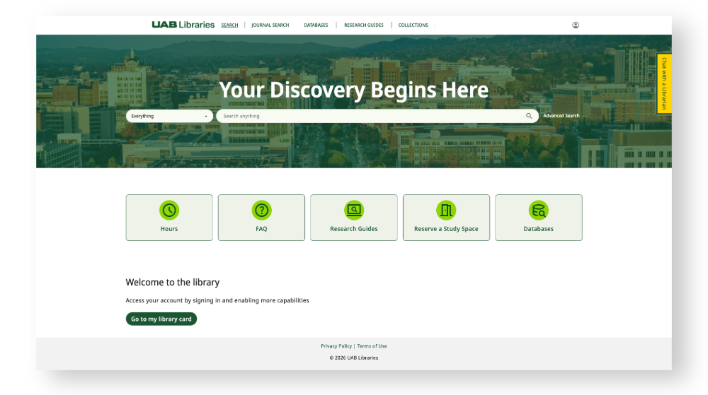 Screenshot of new catalog interface, including search bar and navigational buttons.