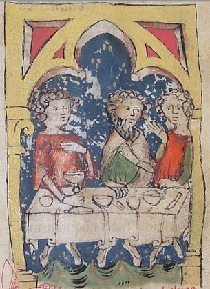 Illustration of three people seated at dinner, from Arnold of Villanova's treatise on winemaking (Italy, 14th century)